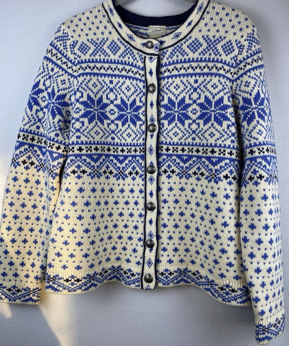 L.L.Bean Sz MP Nordic Fair Isle Sweater Cardigan Blue Ivory Women's Metal Button